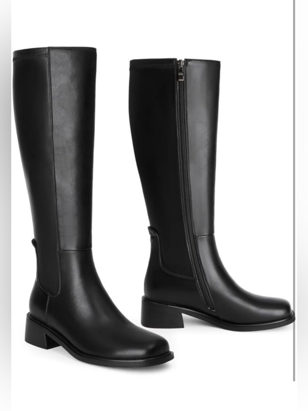 QIY Knee High Faux Leather Elastic Square Toe Side Zipper Fall Long Tall Boots